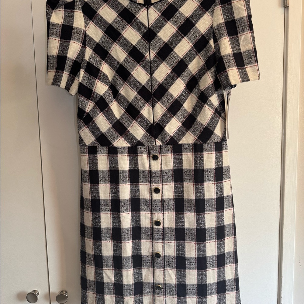Shoshanna Black and White Asymmetrical Puff Sleeve Dress - Picture 2 of 8